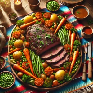 en stevige en rustieke dinertafel met rundersgebraad en groenten, gepresenteerd op een grote serveerschaal. Het gerecht bevat mals rundvlees, wortelen, erwten, prinsessenbonen en aardappelen, gegarneerd met verse peterselie. De setting bevat een kleurrijk Mexicaans tafelkleed, een kommetje met saus, een glas rode wijn en serveerlepels, verlicht door helder natuurlijk licht om de rijke en uitnodigende uitstraling te benadrukken.