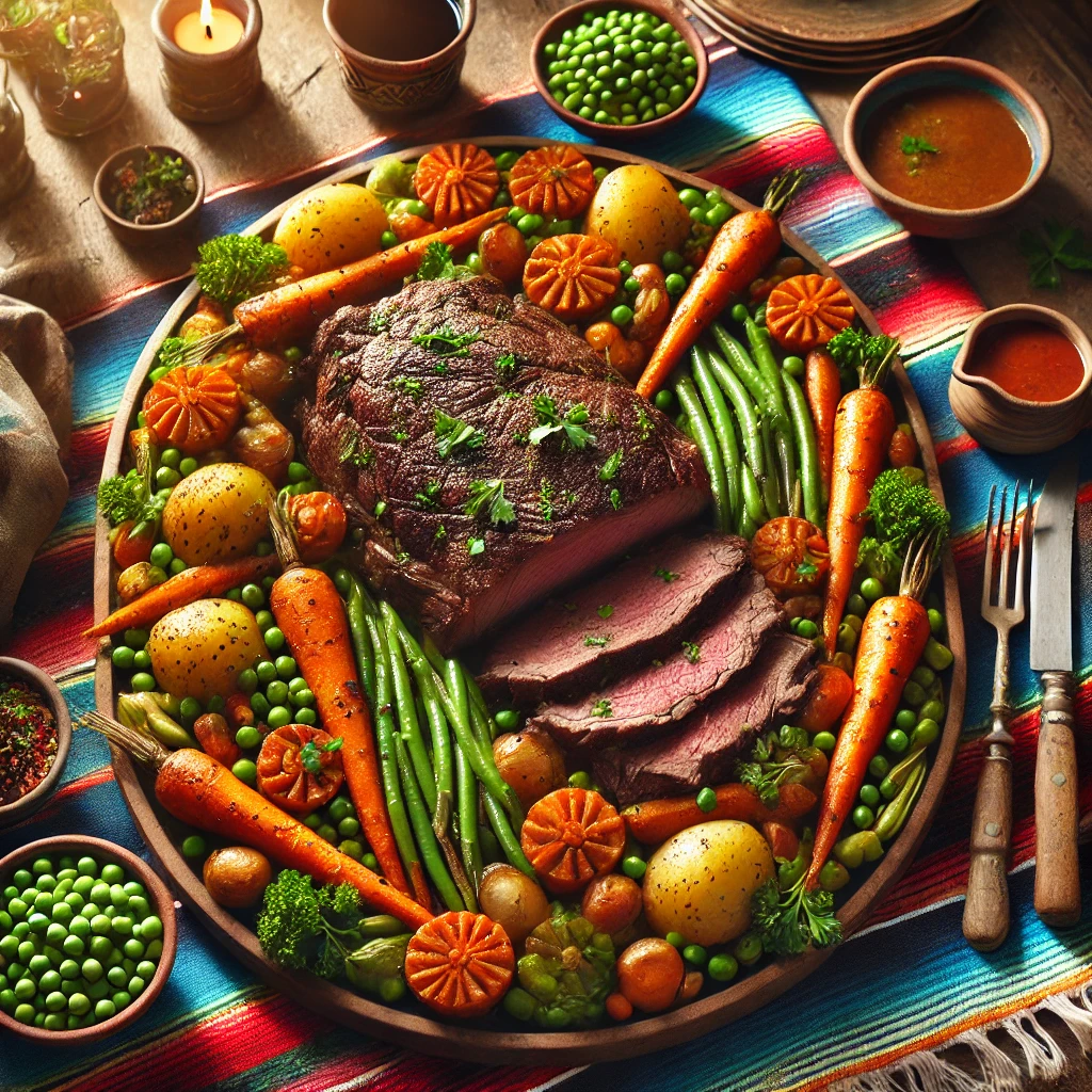 en stevige en rustieke dinertafel met rundersgebraad en groenten, gepresenteerd op een grote serveerschaal. Het gerecht bevat mals rundvlees, wortelen, erwten, prinsessenbonen en aardappelen, gegarneerd met verse peterselie. De setting bevat een kleurrijk Mexicaans tafelkleed, een kommetje met saus, een glas rode wijn en serveerlepels, verlicht door helder natuurlijk licht om de rijke en uitnodigende uitstraling te benadrukken.