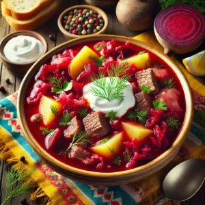 Een levendige en smakelijke scène met traditionele Russische borsjt geserveerd in een rustieke kom. De soep heeft een diepe rode kleur en bevat stukken rundvlees, bieten, kool en aardappelen, afgewerkt met een lepel zure room en verse dille. De setting bevat een kleurrijk tafelkleed, een klein schaaltje zure room, een stuk knapperig brood en een lepel, verlicht door helder natuurlijk licht om de hartige en troostende uitstraling te benadrukken.