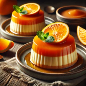 Sinaasappel crème caramel met een glanzende karamel laag, geserveerd op kleine keramische bordjes, gegarneerd met een schijfje verse sinaasappel en een muntblaadje, in een rustieke setting met verse sinaasappels en een schaaltje karamelsaus.