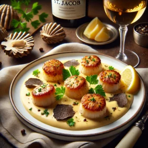 Elegant geserveerde St. Jacobsschelpen Perigourdine met een romige saus van cognac, Madeira en zwarte truffelstukjes, gegarneerd met peterselie en een schijfje citroen, gepresenteerd op een wit porseleinen bord in een verfijnde setting met een glas witte wijn.