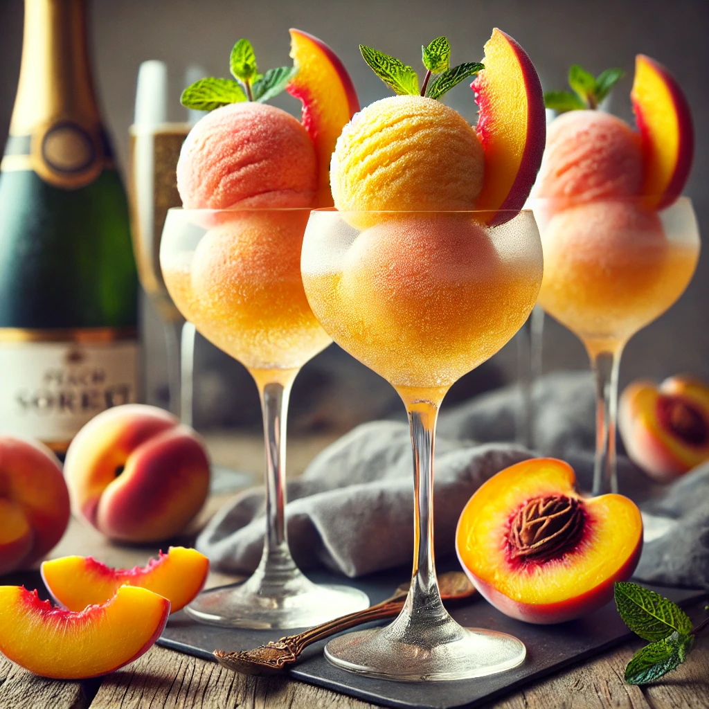 Elegant geserveerde perziksorbet in champagneglazen, met twee bollen sorbet overgoten met mousserende champagne, gegarneerd met dunne perzikschijfjes en een muntblaadje, gepresenteerd op een rustieke houten tafel met een fles champagne erbij in zacht natuurlijk licht.