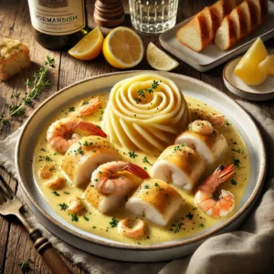 Rolletjes tongfilet op z'n Normandisch in een romige wittewijnsaus met garnalen, gegarneerd met aardappelpuree en geroosterd brood, geserveerd op een witte schaal met citroen en witte wijn op de achtergrond.
