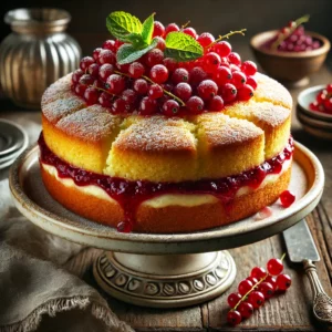 Savoie gebak met een goudbruine, luchtige textuur, bedekt met een glanzende laag aalbessenjam en bestrooid met poedersuiker, geserveerd op een keramische taartstandaard, gegarneerd met verse aalbessen en muntblaadjes.