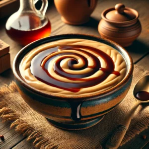 Romige bierpap, geserveerd in een rustieke keramische kom, met een subtiele swirl van donkerbruin bier bovenop. Het gerecht staat op een houten tafel, vergezeld van een houten lepel en een klein kannetje bier. Een traditioneel Nederlands nagerecht met een rijke, volle textuur.
