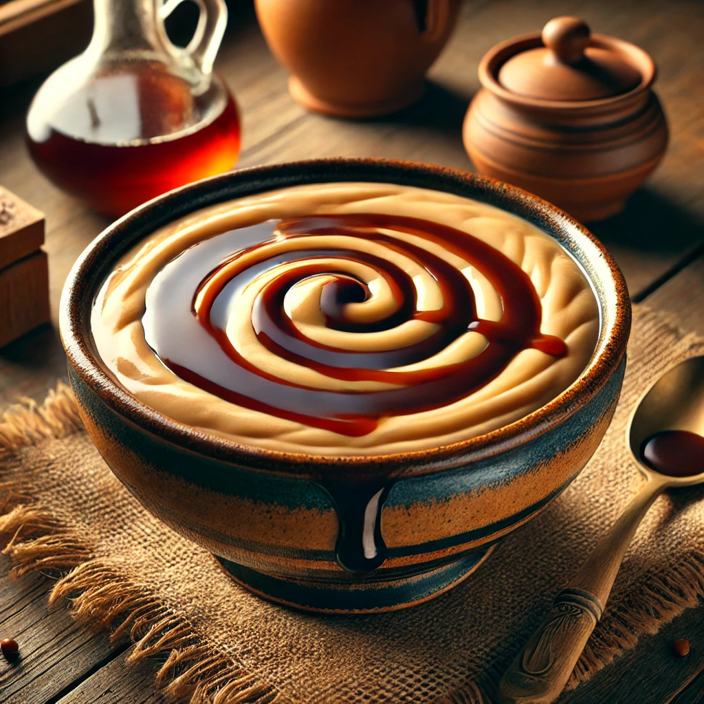 Romige bierpap, geserveerd in een rustieke keramische kom, met een subtiele swirl van donkerbruin bier bovenop. Het gerecht staat op een houten tafel, vergezeld van een houten lepel en een klein kannetje bier. Een traditioneel Nederlands nagerecht met een rijke, volle textuur.