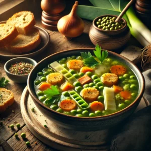 Een dampende kom spliterwtensoep met prei, wortel, selderij en soepvlees, gegarneerd met verse peterselie en geserveerd met goudbruine croutons, op een rustieke houten tafel met brood en kruiden op de achtergrond.