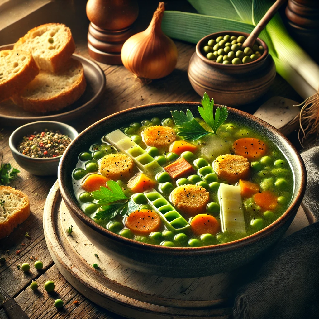 Een dampende kom spliterwtensoep met prei, wortel, selderij en soepvlees, gegarneerd met verse peterselie en geserveerd met goudbruine croutons, op een rustieke houten tafel met brood en kruiden op de achtergrond.