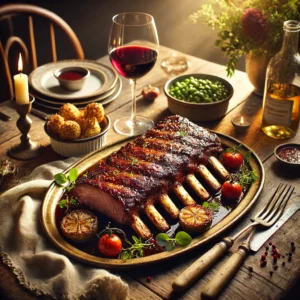 Een sappig, goudbruin gebakken ribstuk op z'n Bordelees, gegarneerd met sjalottensaus, geserveerd met gebakken aardappelen en gestoomde groenten op een wit bord, met een glas rode wijn en een fles bordeaux op de achtergrond.