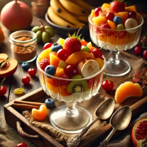 Een kleurrijke tutti frutti dessertmix van gepureerd fruit zoals appels, bananen, sinaasappels, tomaten en aardbeien, geserveerd in glazen bekertjes, gegarneerd met een muntblaadje en verse aardbeien, op een rustieke houten tafel.