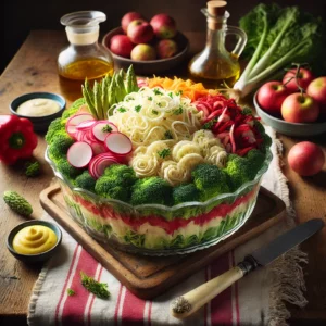 Een glazen schaal met een tweekleurig slaatje van witte kool met aardappelen en mierikswortelmayonaise, afgewisseld met rode kool en appels in tomatenmayonaise, gegarneerd met peterselie, op een rustieke houten tafel.