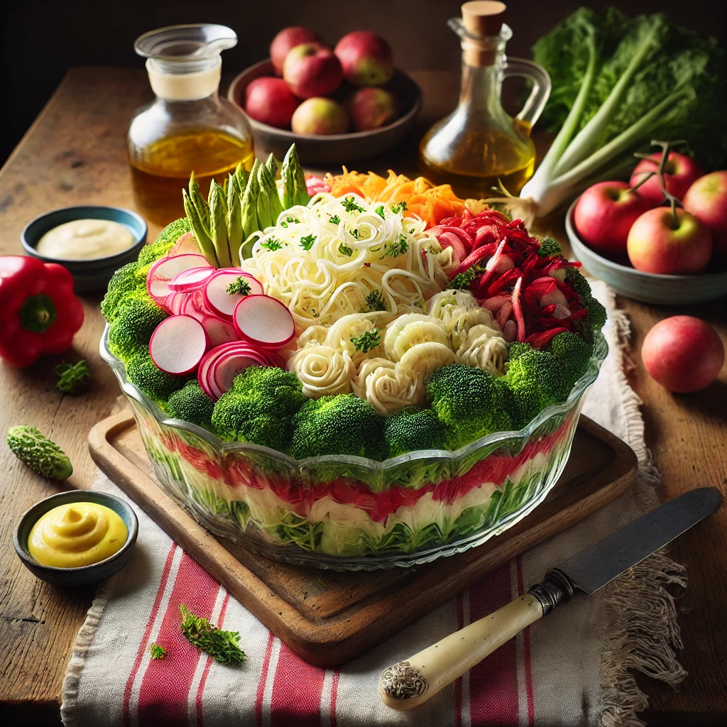 Een glazen schaal met een tweekleurig slaatje van witte kool met aardappelen en mierikswortelmayonaise, afgewisseld met rode kool en appels in tomatenmayonaise, gegarneerd met peterselie, op een rustieke houten tafel.