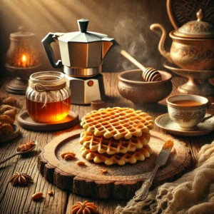 Een stapel goudbruine vanillewafels, bestrooid met poedersuiker, geserveerd met verse aardbeien en een pot honing op een rustieke houten plank, met een kopje koffie en een wafelijzer op de achtergrond.