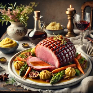 Een bord met plakken varkensham in port en ananassaus, gegarneerd met ananasschijven, geserveerd met aardappelpuree en spinazie, op een rustieke houten tafel met een fles port op de achtergrond.