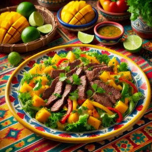 Biefstuksalade met mango en paprika, met gegrilde biefstukreepjes, blokjes mango, gele paprika, veldsla en koriander, geserveerd op een kleurrijk bord, omringd door verse limoenen, mango's en koriander.