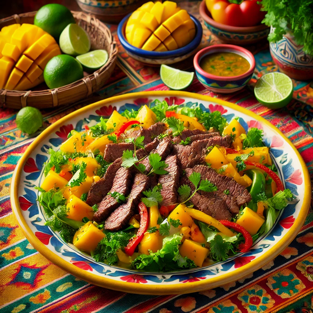 Biefstuksalade met mango en paprika, met gegrilde biefstukreepjes, blokjes mango, gele paprika, veldsla en koriander, geserveerd op een kleurrijk bord, omringd door verse limoenen, mango's en koriander.