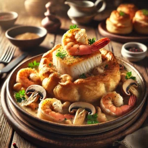 Een elegant bord met goudbruine vol-au-vents, gevuld met tongfilets in een romige saus, gegarneerd met garnalen en champignons. Het gerecht ligt op een rustieke houten tafel met warme, natuurlijke belichting en een sfeervolle achtergrond.
