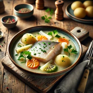 Een kom Waterzooi met tarbot in een romige, lichte bouillon, geserveerd met julienne gesneden wortel en prei, gegarneerd met verse peterselie. Ernaast liggen gekookte aardappelen. De rustieke houten tafel en zachte natuurlijke belichting zorgen voor een warme en uitnodigende sfeer.