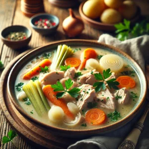 Een kom Waterzooi met kalkoen in een romige, lichte bouillon, geserveerd met julienne gesneden wortel, prei en selderij, gegarneerd met verse peterselie. Kleine uitjes en gekookte aardappelen begeleiden het gerecht. De rustieke houten tafel en zachte natuurlijke belichting zorgen voor een warme en uitnodigende sfeer.