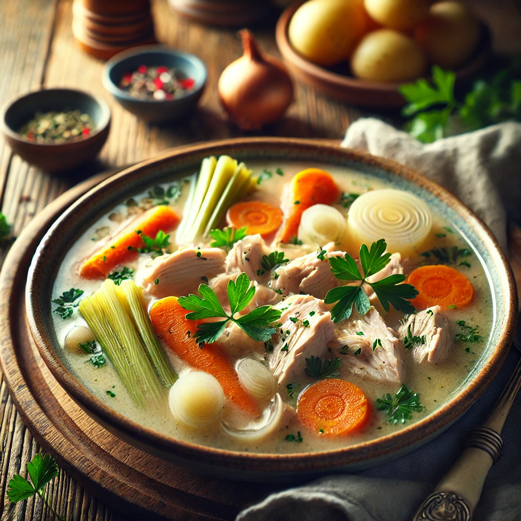 Een kom Waterzooi met kalkoen in een romige, lichte bouillon, geserveerd met julienne gesneden wortel, prei en selderij, gegarneerd met verse peterselie. Kleine uitjes en gekookte aardappelen begeleiden het gerecht. De rustieke houten tafel en zachte natuurlijke belichting zorgen voor een warme en uitnodigende sfeer.