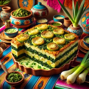 Een kleurrijke en kunstzinnige presentatie van een pudding gemaakt van wintergroenten, waaronder groene kool, spinazie, prei en uien, geserveerd in een gratineerschotel met een gouden korst, omringd door Mexicaans geĂŻnspireerde decoraties.
