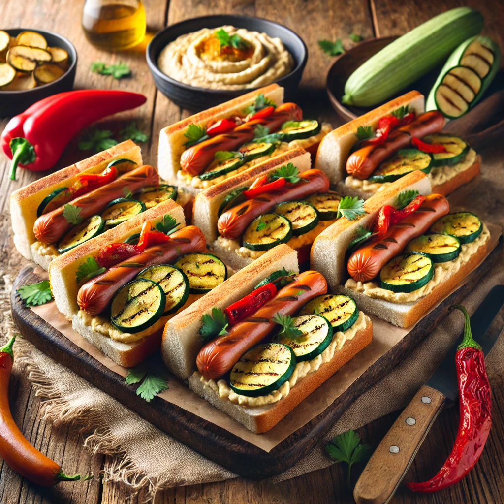 Broodjes hotdog van Turks brood gevuld met hummus, gegrilde courgette, halve hotdogs, geroosterde rode paprika en koriander, geserveerd op een houten plank met decoratie van verse ingrediënten.