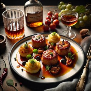 Een bord met varkensnieren in een romige cognacsaus, geserveerd met goudbruin gebakken aardappelen en gegarneerd met peterselie, op een rustieke houten tafel met een glas rode wijn en een fles cognac op de achtergrond.