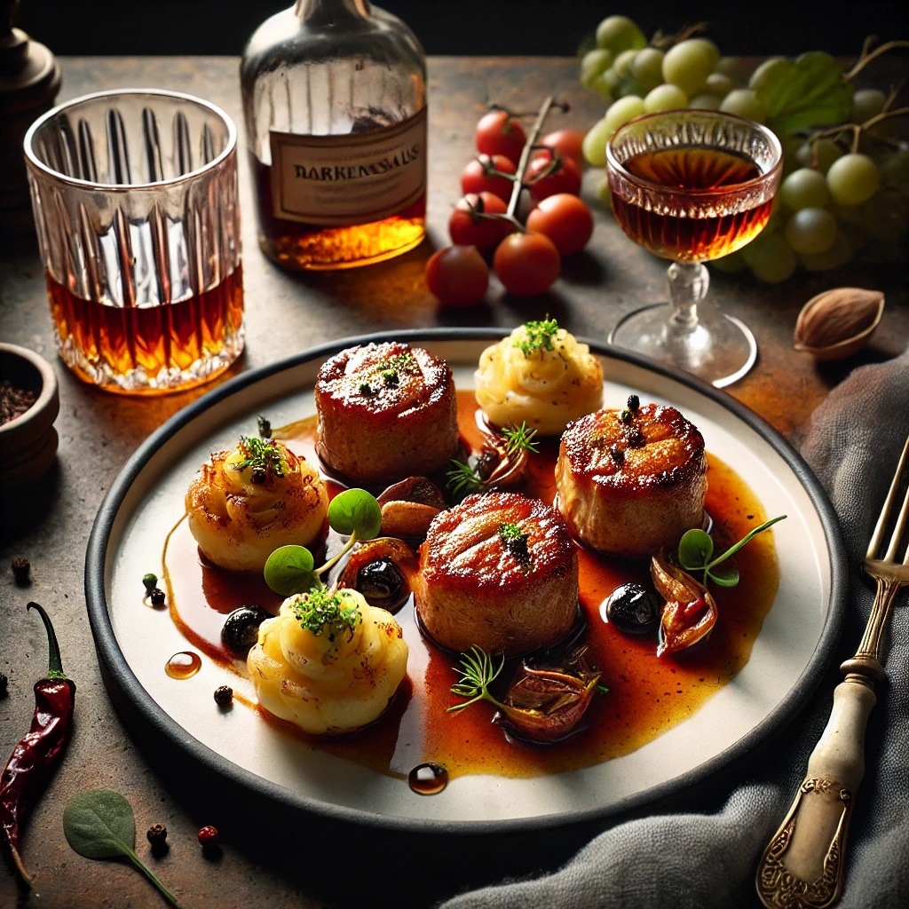Een bord met varkensnieren in een romige cognacsaus, geserveerd met goudbruin gebakken aardappelen en gegarneerd met peterselie, op een rustieke houten tafel met een glas rode wijn en een fles cognac op de achtergrond.