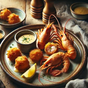 Krokante, goudbruine beignets van langoustine, deels opengesneden om de malse vulling te tonen. Geserveerd met een romige gribiche-saus, verse kruiden en een partje citroen, op een rustieke houten tafel met zachte, natuurlijke belichting.