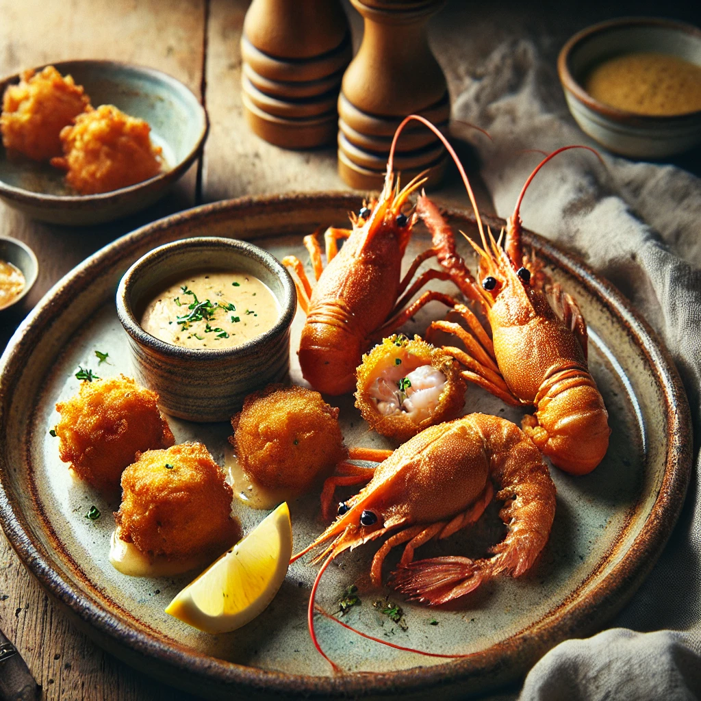 Krokante, goudbruine beignets van langoustine, deels opengesneden om de malse vulling te tonen. Geserveerd met een romige gribiche-saus, verse kruiden en een partje citroen, op een rustieke houten tafel met zachte, natuurlijke belichting.