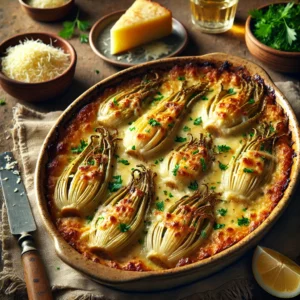 Gegratineerde kardoen à la Milanaise in een ovenschaal met gesmolten kaas, boter en peterselie, geserveerd als bijgerecht.