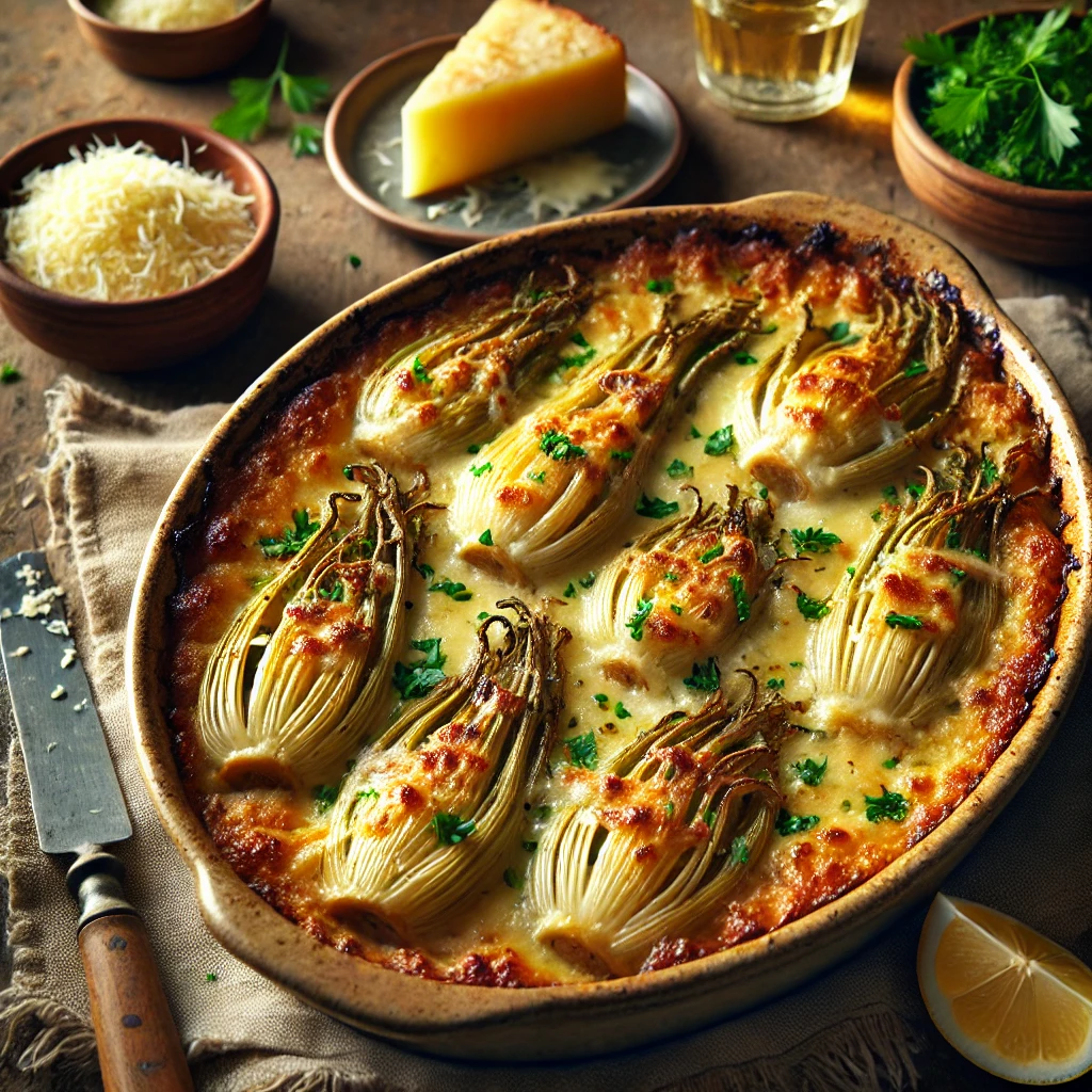 Gegratineerde kardoen à la Milanaise in een ovenschaal met gesmolten kaas, boter en peterselie, geserveerd als bijgerecht.