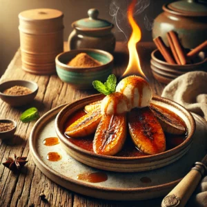 Caribische geflambeerde bananen, goudbruin gekarameliseerd en overgoten met een rumsaus, licht bestrooid met kaneel. Geserveerd met een bolletje vanille-ijs en een takje verse munt, op een rustieke houten tafel met warme, natuurlijke belichting.