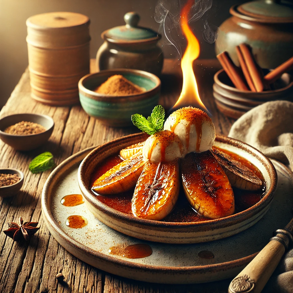 Caribische geflambeerde bananen, goudbruin gekarameliseerd en overgoten met een rumsaus, licht bestrooid met kaneel. Geserveerd met een bolletje vanille-ijs en een takje verse munt, op een rustieke houten tafel met warme, natuurlijke belichting.