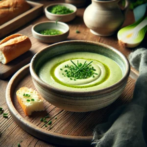 Fluweelzachte preicrème met een lichte groene tint, geserveerd in een rustiek keramisch schaaltje. Gegarneerd met verse bieslook en een vleugje olijfolie, met knapperig brood ernaast, sfeervol gepresenteerd op een houten tafel met natuurlijke belichting.