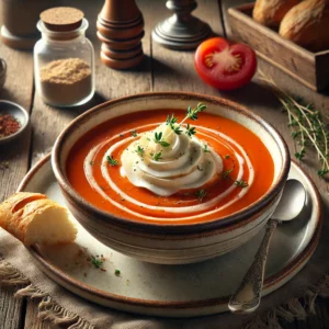Dageraadcrème, een verfijnde tomatensoep met room en madeira, geserveerd in een rustiek keramisch schaaltje. Gegarneerd met een swirl van room, een snufje nootmuskaat en een takje tijm, met knapperig stokbrood ernaast, sfeervol gepresenteerd op een houten tafel met natuurlijke belichting.