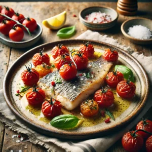 Ovengebakken doradefilet zonder huid of herkenbare viskenmerken, goudbruin en sappig, geserveerd met geroosterde cherrytomaten en een lichte wittewijnsaus. Gegarneerd met verse basilicum en citroenpartjes, sfeervol gepresenteerd op een rustiek keramisch bord met natuurlijke belichting.