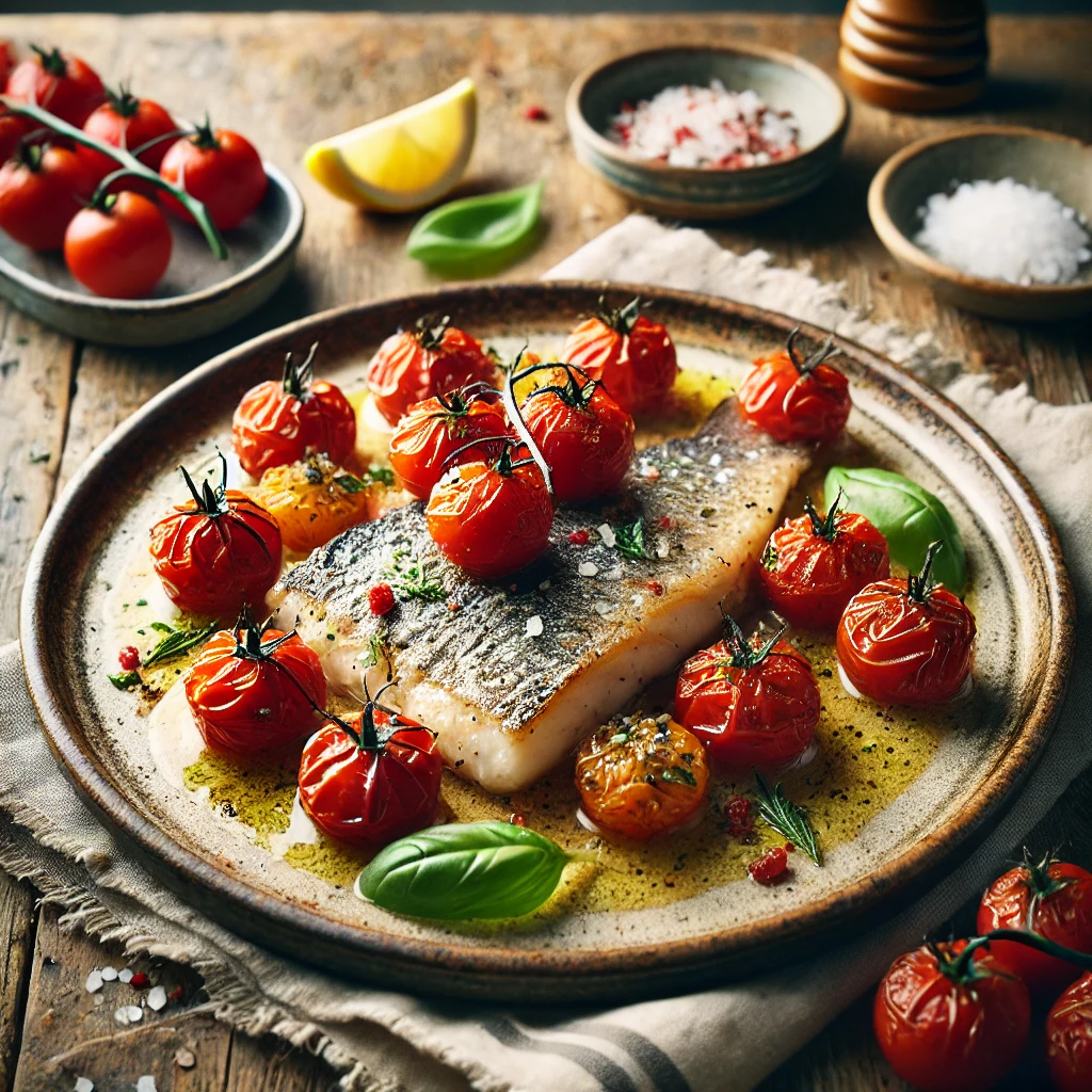 Ovengebakken doradefilet zonder huid of herkenbare viskenmerken, goudbruin en sappig, geserveerd met geroosterde cherrytomaten en een lichte wittewijnsaus. Gegarneerd met verse basilicum en citroenpartjes, sfeervol gepresenteerd op een rustiek keramisch bord met natuurlijke belichting.