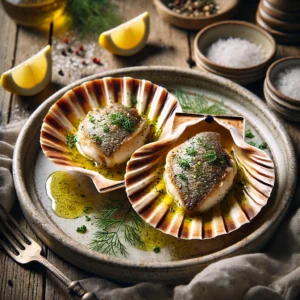 Doradefilets geserveerd in elegante visschelpen, goudbruin gebakken en gegarneerd met citrus-botersaus, verse dille en een snufje zeezout. Geserveerd met citroenpartjes op een rustiek keramisch bord, sfeervol gepresenteerd op een houten tafel met natuurlijke belichting.