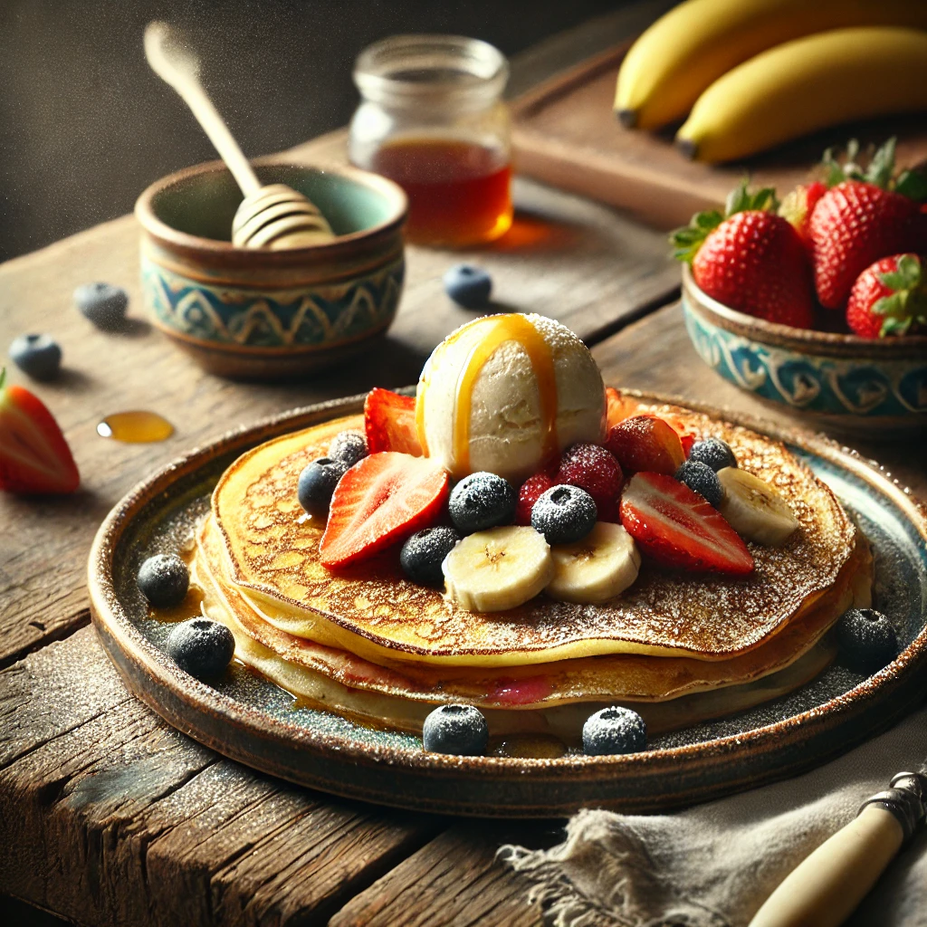 Een rustieke foto van flensjes gevuld met vers fruit en vanille-ijs, geserveerd op een keramieken bord op een doorleefde houten tafel. De goudbruine flensjes zijn gevouwen en onthullen aardbeien, blauwe bessen en banaan, met een smeltend bolletje romig vanille-ijs erbovenop. Een lichte bestuiving van poedersuiker en een drizzle honing maken het gerecht compleet. Op de achtergrond liggen een houten snijplank met vers fruit en een klein schaaltje ijs, subtiel vervaagd. Zacht natuurlijk licht zorgt voor een warme en uitnodigende sfeer.