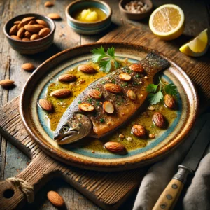Een rustieke foto van een goudbruin gebakken forelfilet met amandelen, geserveerd op een keramieken bord op een doorleefde houten tafel. De forelfilet is gegarneerd met geroosterde amandelschijfjes en een drizzle van citroen-botersaus. Verse kruiden zoals peterselie voegen een vleugje kleur toe. Ernaast liggen geroosterde aardappeltjes en een partje citroen. Op de achtergrond een houten snijplank met extra amandelen en een klein schaaltje saus, subtiel vervaagd. Zacht natuurlijk licht zorgt voor een warme en uitnodigende sfeer.