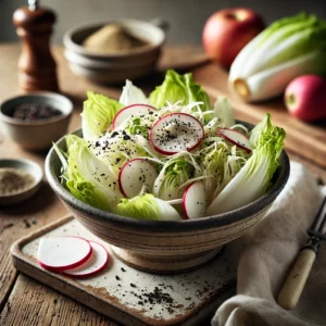 Frisse witlofsalade met geraspte ramanas en appel, geserveerd in een groene schaal op een houten tafel met een glas witte wijn ernaast