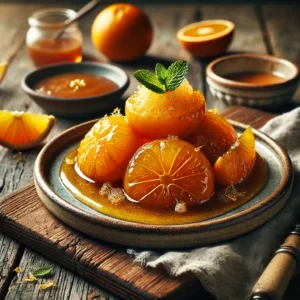 Een rustieke foto van geglaceerde sinaasappel met schuim, geserveerd op een keramieken bord op een doorleefde houten tafel. De sinaasappelpartjes zijn perfect gekarameliseerd en hebben een glanzende, goudkleurige laag. Een delicate citrus-geïnfuseerde schuimlaag ligt luchtig bovenop, wat zorgt voor een lichte en verfijnde textuur. Een snufje fijngeraspte sinaasappelschil en een garnering van verse muntblaadjes maken de presentatie compleet. Op de achtergrond ligt een houten snijplank met extra sinaasappelschijfjes en een schaaltje karamelsaus, subtiel vervaagd. Zacht natuurlijk licht zorgt voor een warme en uitnodigende sfeer.