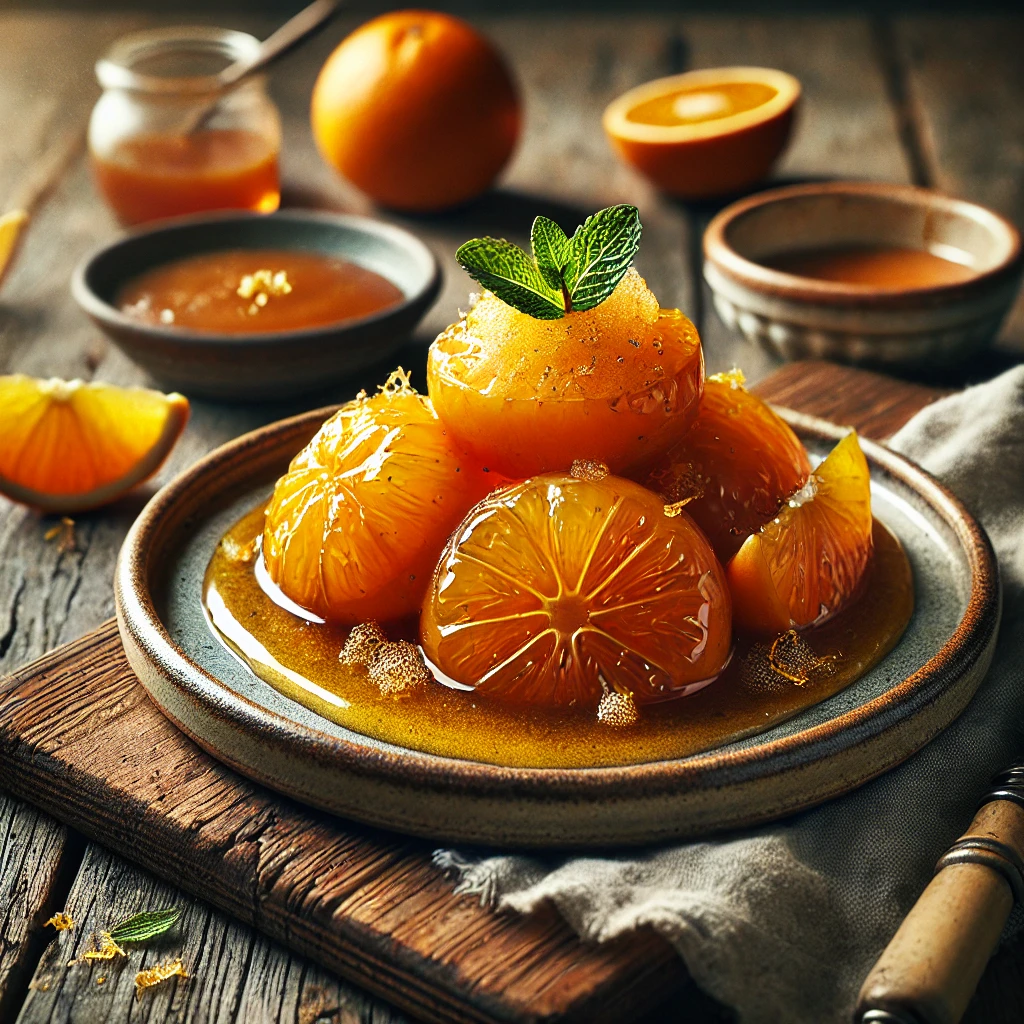Een rustieke foto van geglaceerde sinaasappel met schuim, geserveerd op een keramieken bord op een doorleefde houten tafel. De sinaasappelpartjes zijn perfect gekarameliseerd en hebben een glanzende, goudkleurige laag. Een delicate citrus-geïnfuseerde schuimlaag ligt luchtig bovenop, wat zorgt voor een lichte en verfijnde textuur. Een snufje fijngeraspte sinaasappelschil en een garnering van verse muntblaadjes maken de presentatie compleet. Op de achtergrond ligt een houten snijplank met extra sinaasappelschijfjes en een schaaltje karamelsaus, subtiel vervaagd. Zacht natuurlijk licht zorgt voor een warme en uitnodigende sfeer.