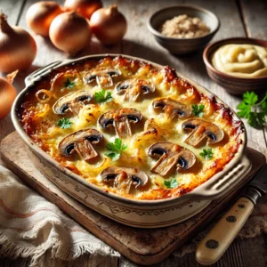 Een rustieke foto van gegratineerde ajuinen en paddenstoelen met béchamelsaus, geserveerd in een keramieken ovenschaal op een doorleefde houten tafel. Het gerecht bestaat uit zachte, gekarameliseerde uien en gebakken paddenstoelen, omhuld in een romige béchamelsaus. De bovenkant is goudbruin en knapperig door de gesmolten kaas. Een snufje versgehakte peterselie zorgt voor een frisse kleur. Op de achtergrond ligt een houten snijplank met extra uien, paddenstoelen en een schaaltje saus, subtiel vervaagd. Zacht natuurlijk licht zorgt voor een warme en uitnodigende sfeer.