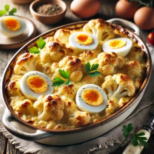 Gegratineerde bloemkool met een romige kaassaus en plakjes hardgekookt ei, gebakken tot een goudbruine korst. Gegarneerd met verse peterselie en geserveerd in een rustieke ovenschaal op een houten tafel met warme, natuurlijke belichting.