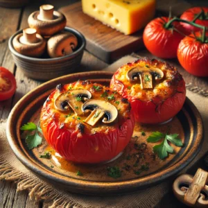 Een rustieke foto van gegratineerde gevulde tomaten met paddenstoelen, geserveerd op een keramieken bord op een doorleefde houten tafel. De rijpe, rode tomaten zijn uitgehold en gevuld met een hartige mix van gebakken paddenstoelen, kruiden en kaas. De bovenkant is goudbruin en knapperig door de gesmolten kaas, wat zorgt voor een smakelijke korst. Een snufje versgehakte peterselie voegt een frisse kleur toe. Op de achtergrond ligt een houten snijplank met extra paddenstoelen en een stuk kaas, subtiel vervaagd. Zacht natuurlijk licht zorgt voor een warme en uitnodigende sfeer.