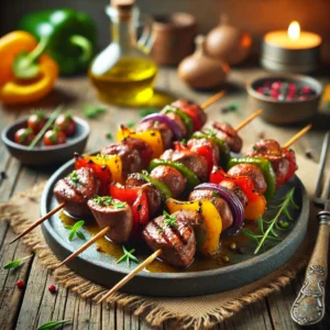 Gegrilde brochettes met lever en niertjes, afgewisseld met stukjes paprika en ui, licht gekarameliseerd en gegarneerd met verse kruiden. Geserveerd met een dipsaus en een partje citroen op een rustieke houten tafel met warme, natuurlijke belichting.
