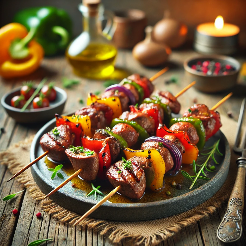 Gegrilde brochettes met lever en niertjes, afgewisseld met stukjes paprika en ui, licht gekarameliseerd en gegarneerd met verse kruiden. Geserveerd met een dipsaus en een partje citroen op een rustieke houten tafel met warme, natuurlijke belichting.