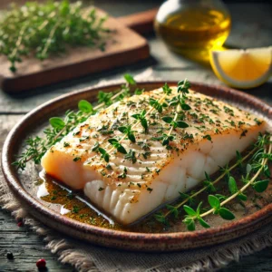 Een realistische foto van gegrilde koolvisfilet met kruiden, geserveerd op een rustiek keramieken bord op een doorleefde houten tafel. De malse, witte visfilet heeft een goudbruine, licht krokante buitenkant met zichtbare grillstrepen. Verse kruiden, zoals peterselie en tijm, zijn royaal over het gerecht gestrooid. Een drizzle olijfolie en een kneepje citroen zorgen voor een frisse smaak. Op de achtergrond ligt een houten snijplank met extra verse kruiden en citroenpartjes, subtiel vervaagd. Zacht natuurlijk licht creëert een warme en uitnodigende sfeer.